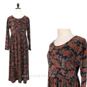 Vtg Velvet Maxi Dress Black Red Orange Floral 90s Grunge Babydoll Long Sleeve